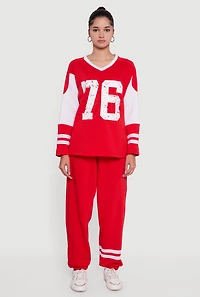 V Neck 76 Graphic Varsity Stripe Sweatshirt