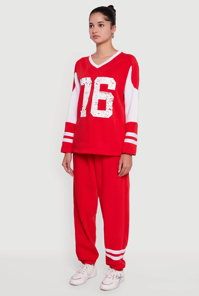 V Neck 76 Graphic Varsity Stripe Sweatshirt