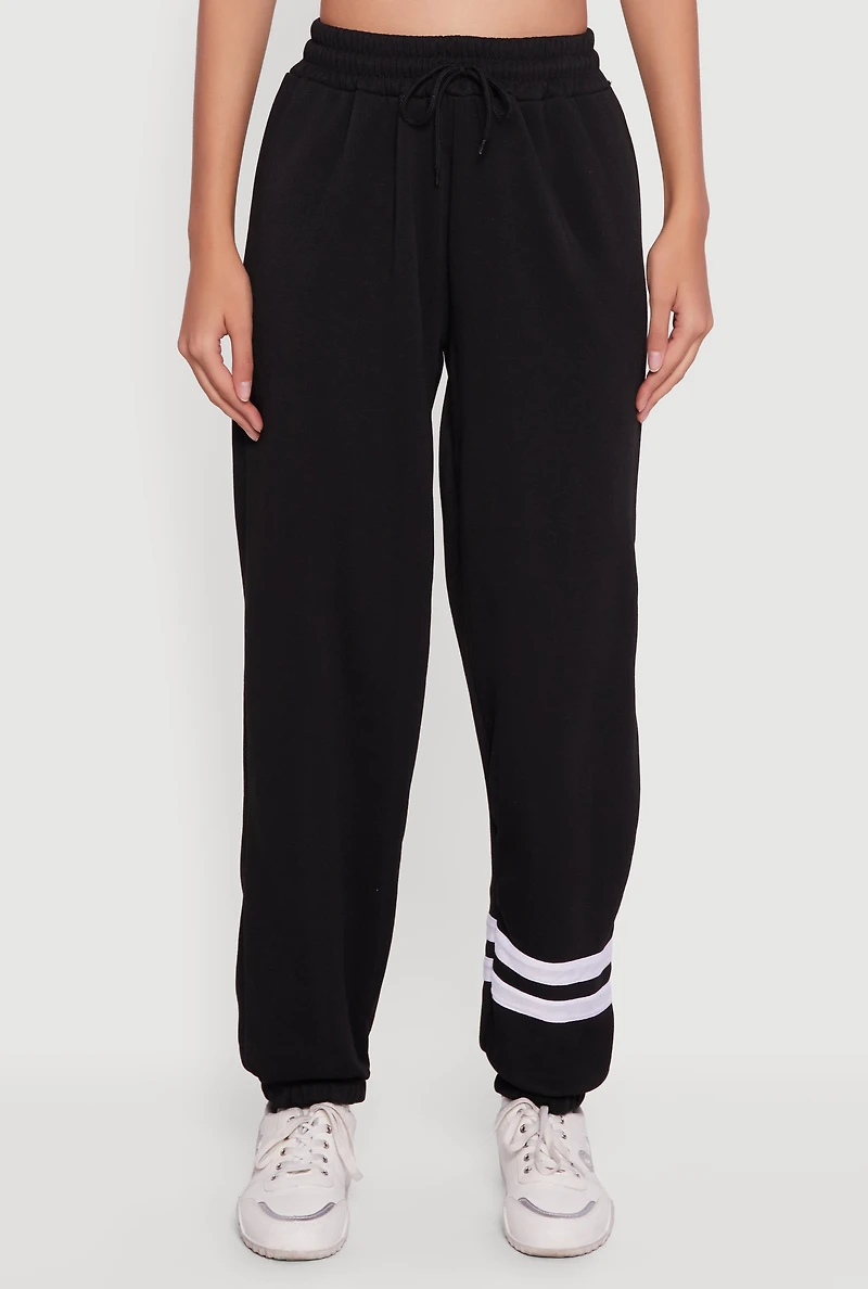 Womens Trendy Fleece Lined Varsity Stripe Sweatpants, Black, Size M