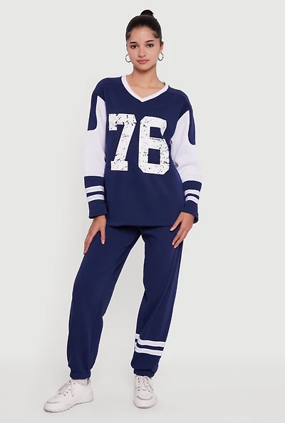 Womens Trendy Fleece Lined Varsity Stripe Sweatpants, Blue, Size L