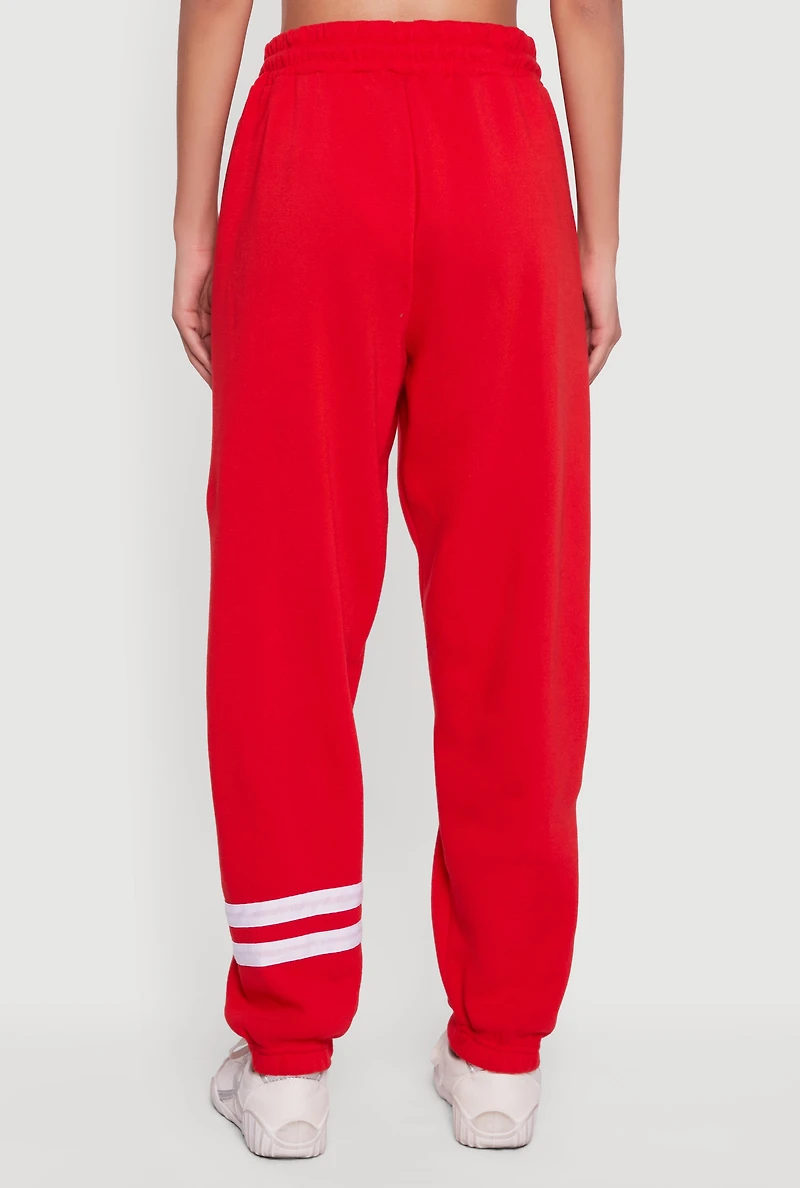 Womens Trendy Fleece Lined Varsity Stripe Sweatpants, Red,