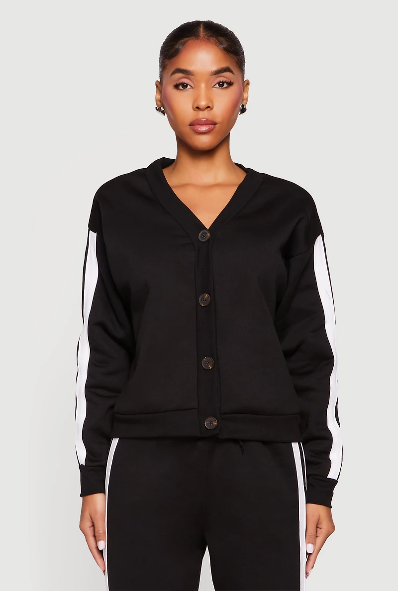 Womens Fleece Lined Varsity Stripe Button Front Cardigan,