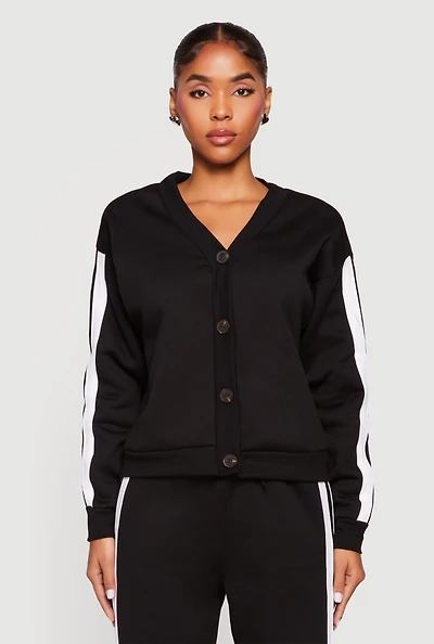 Womens Fleece Lined Varsity Stripe Button Front Cardigan,