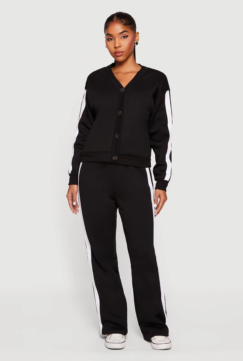 Womens Fleece Lined Varsity Stripe Button Front Cardigan,