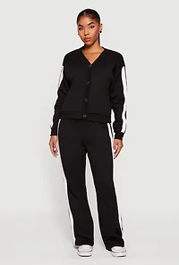 Womens Fleece Lined Varsity Stripe Button Front Cardigan,