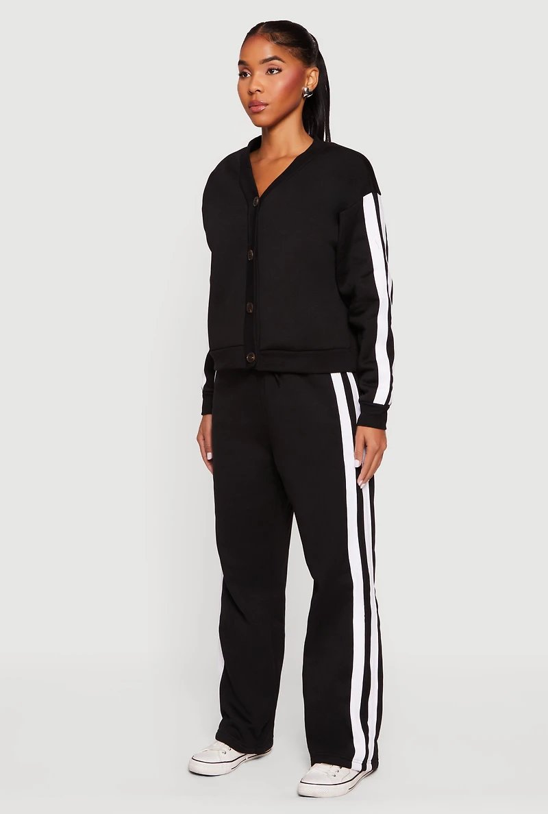 Womens Fleece Lined Varsity Stripe Button Front Cardigan,