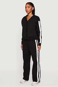 Womens Fleece Lined Varsity Stripe Button Front Cardigan,