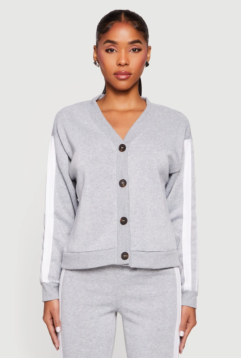 Fleece Lined Varsity Stripe Button Front Cardigan