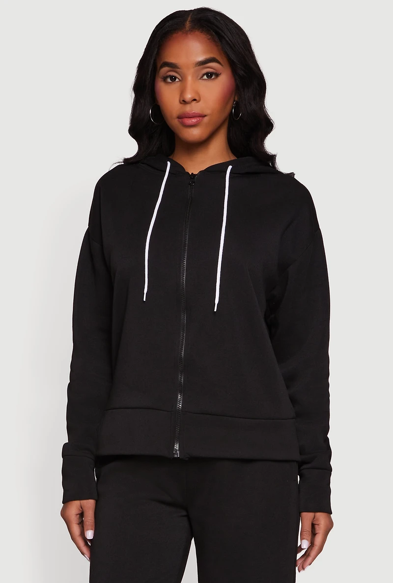 Womens Solid Zip Front Hooded Sweatshirt, Black, Size S