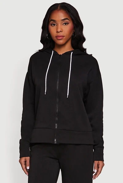 Solid Zip Front Hooded Sweatshirt
