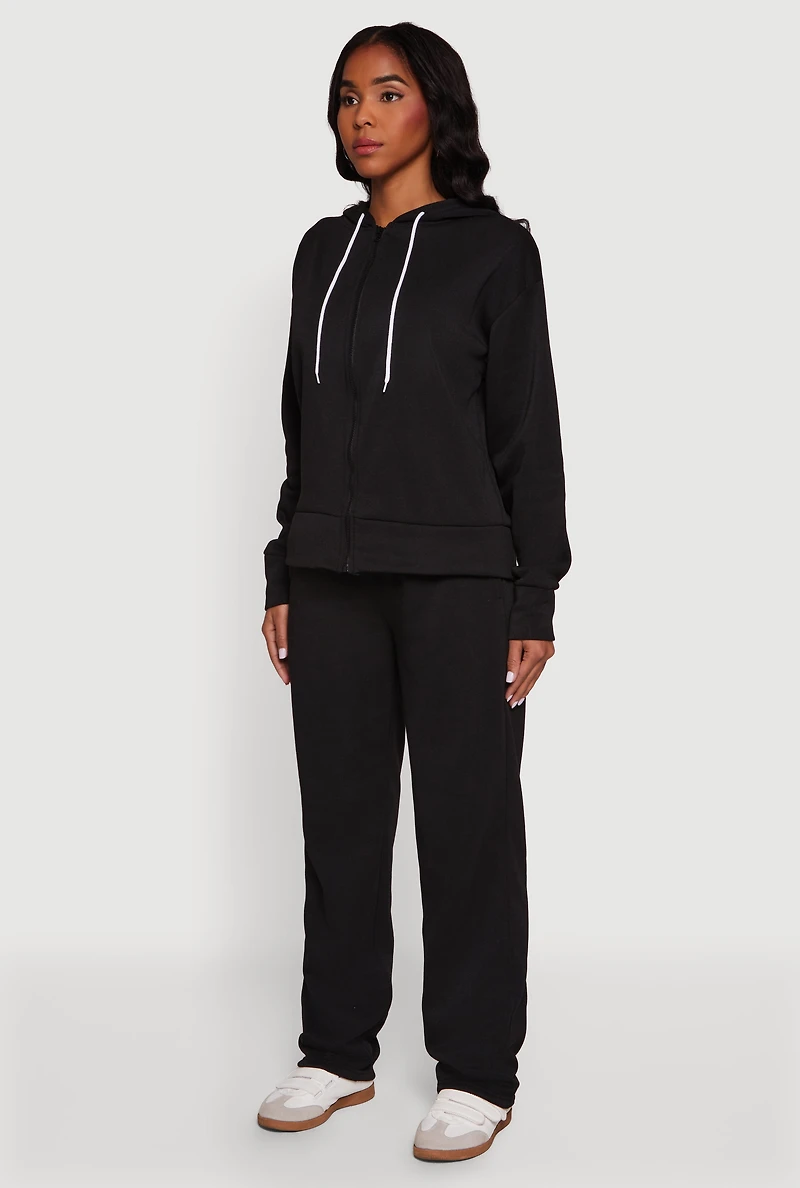 Womens Solid Zip Front Hooded Sweatshirt, Black, Size S