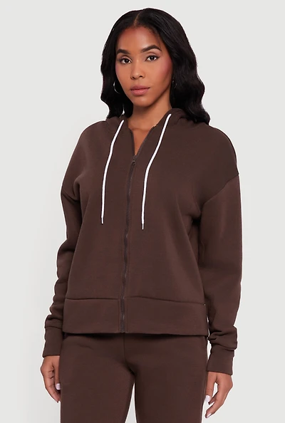 Solid Zip Front Hooded Sweatshirt