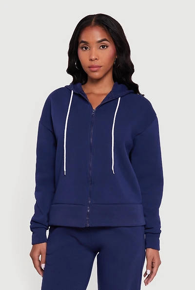 Womens Solid Zip Front Hooded Sweatshirt,