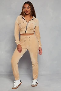 Womens Velour Flap Pocket Zip Front Cropped Hoodie, Beige, Size S