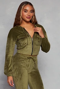 Womens Velour Flap Pocket Zip Front Cropped Hoodie,