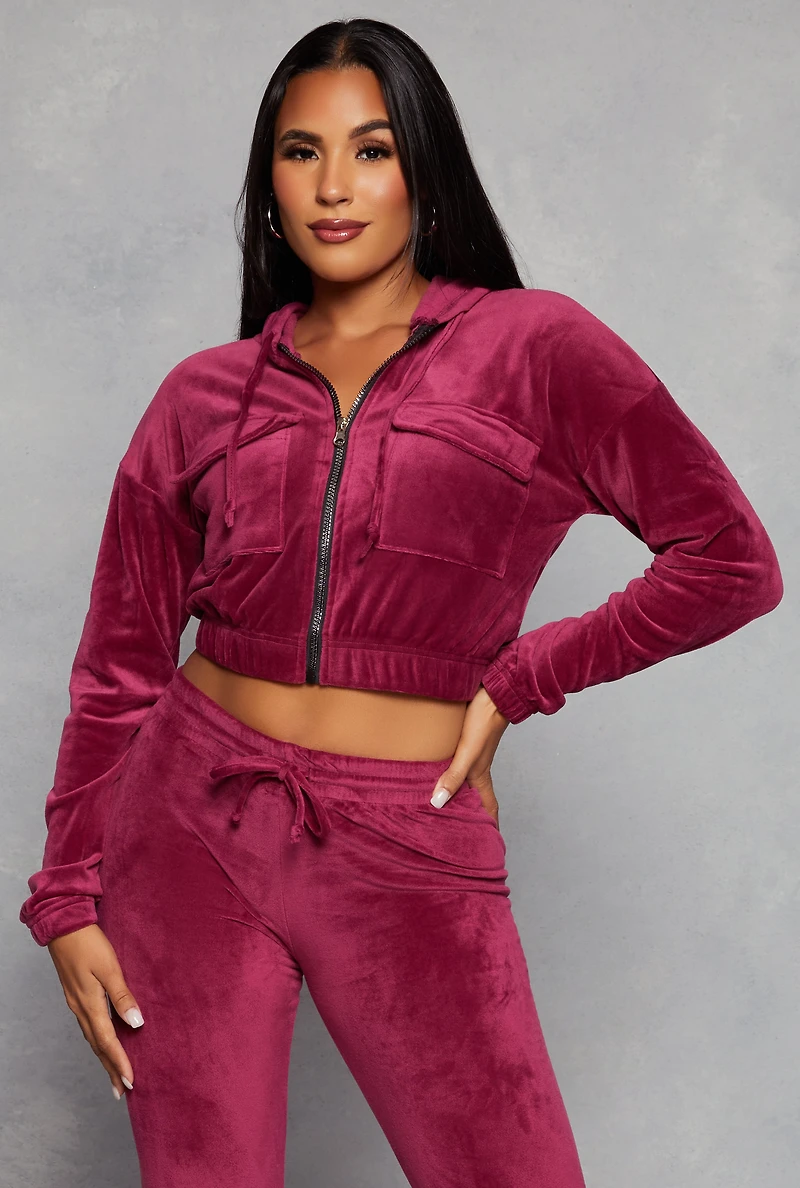 Velour Flap Pocket Zip Front Cropped Hoodie