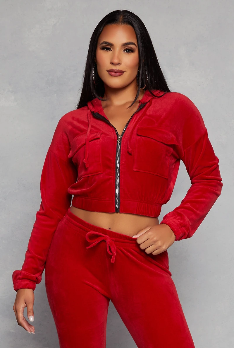 Velour Flap Pocket Zip Front Cropped Hoodie