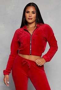 Velour Flap Pocket Zip Front Cropped Hoodie