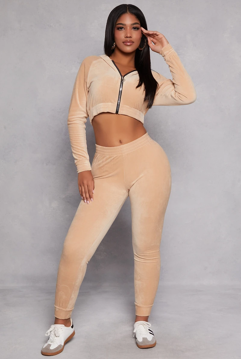 Womens Velour Cropped Zip Front Hoodie, Beige, Size L