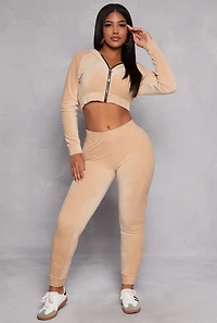 Womens Velour Cropped Zip Front Hoodie, Beige, Size L