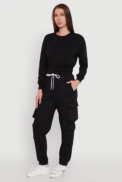 Womens Fleece Long Sleeve Cropped Pullover Sweatshirt,