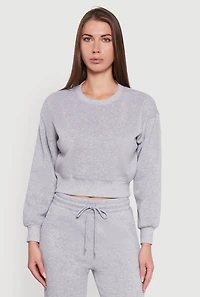 Womens Fleece Long Sleeve Cropped Pullover Sweatshirt, Grey, Size M