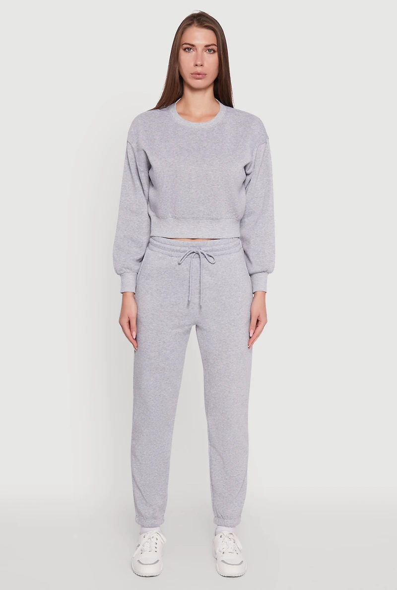 Womens Fleece Long Sleeve Cropped Pullover Sweatshirt, Grey, Size M