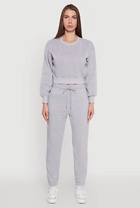 Womens Fleece Long Sleeve Cropped Pullover Sweatshirt, Grey, Size M