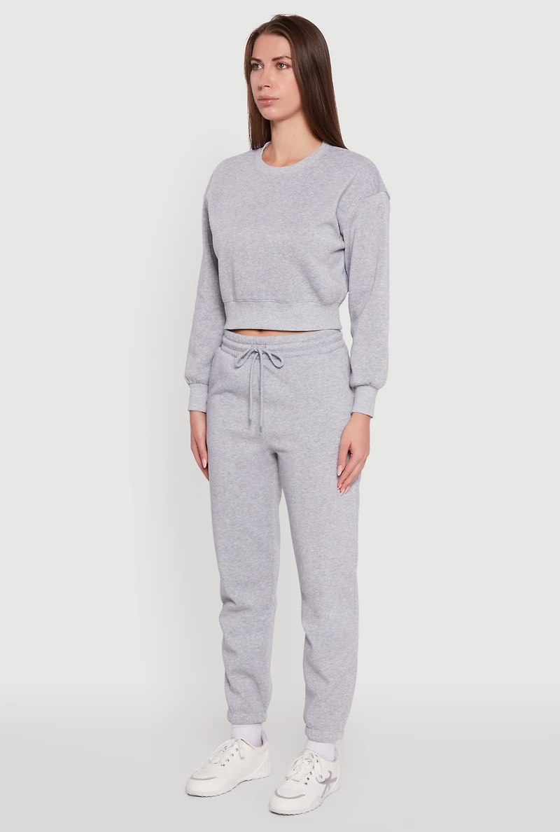 Womens Fleece Long Sleeve Cropped Pullover Sweatshirt, Grey, Size M