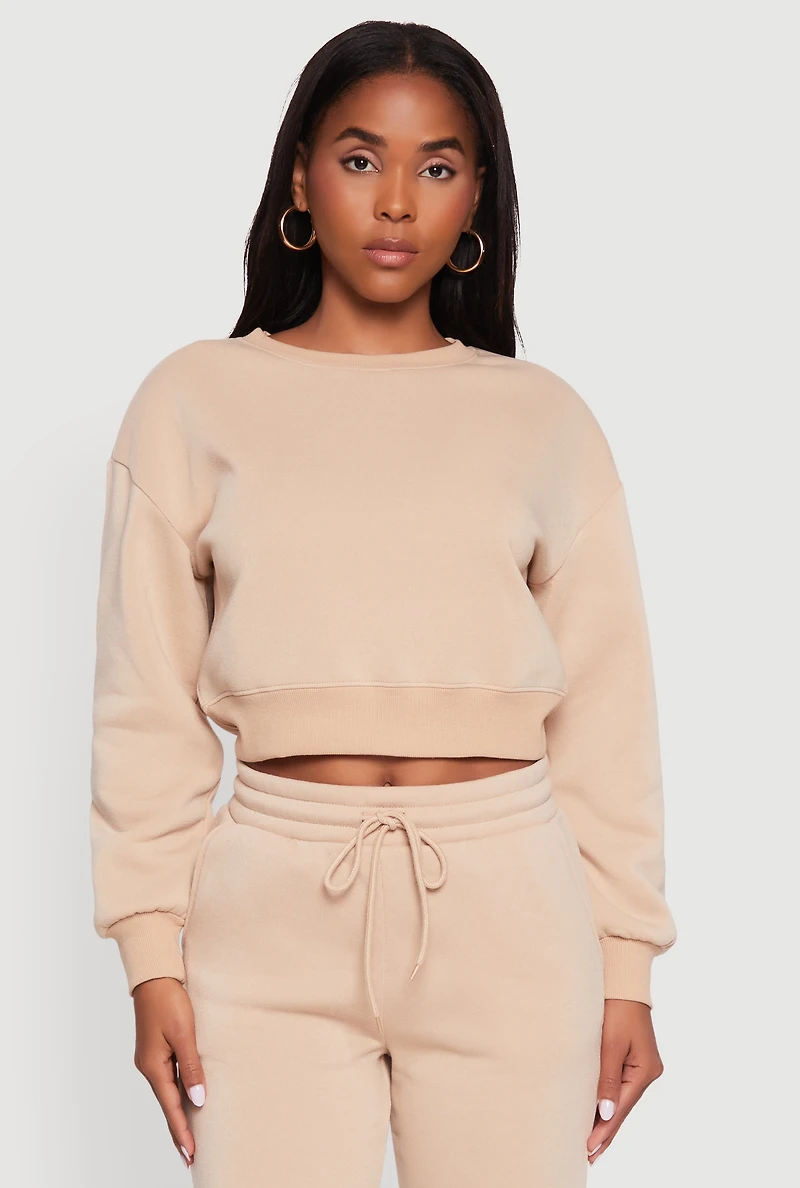 Womens Fleece Long Sleeve Cropped Pullover Sweatshirt, Beige,