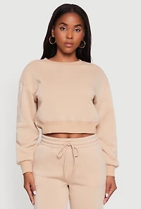 Womens Fleece Long Sleeve Cropped Pullover Sweatshirt, Beige,