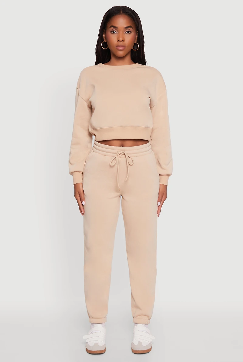 Womens Fleece Long Sleeve Cropped Pullover Sweatshirt, Beige,