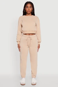 Womens Fleece Long Sleeve Cropped Pullover Sweatshirt, Beige,