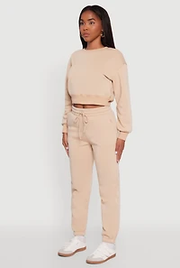 Womens Fleece Long Sleeve Cropped Pullover Sweatshirt, Beige,