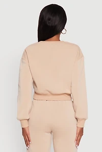 Womens Fleece Long Sleeve Cropped Pullover Sweatshirt, Beige,