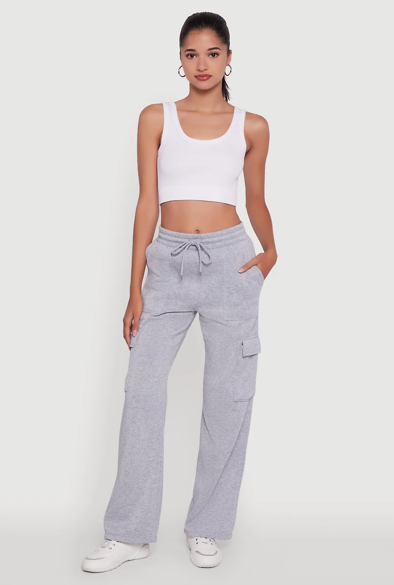Womens Wide Leg Fleece Sweatpants with Cargo Pockets, Grey, Size S