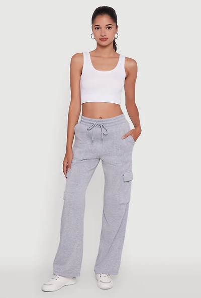 Womens Wide Leg Fleece Sweatpants with Cargo Pockets, Grey, Size S