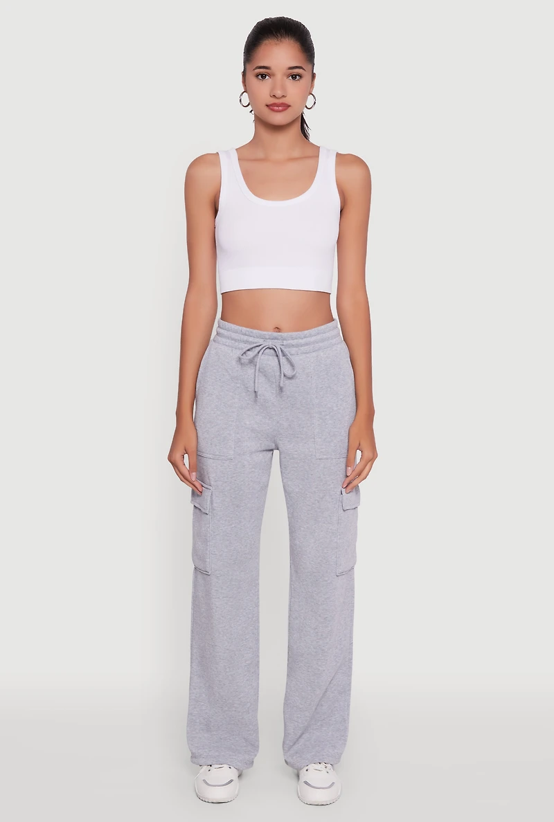 Womens Wide Leg Fleece Sweatpants with Cargo Pockets, Grey, Size S