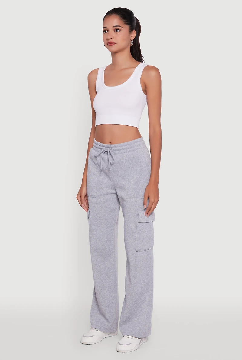 Womens Wide Leg Fleece Sweatpants with Cargo Pockets, Grey, Size S