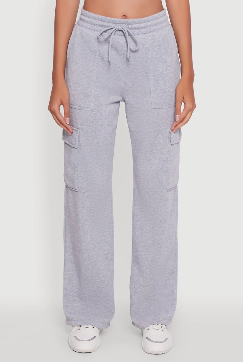 Womens Wide Leg Fleece Sweatpants with Cargo Pockets, Grey, Size S