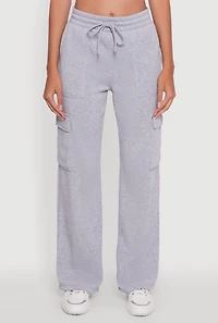 Womens Wide Leg Fleece Sweatpants with Cargo Pockets, Grey, Size S