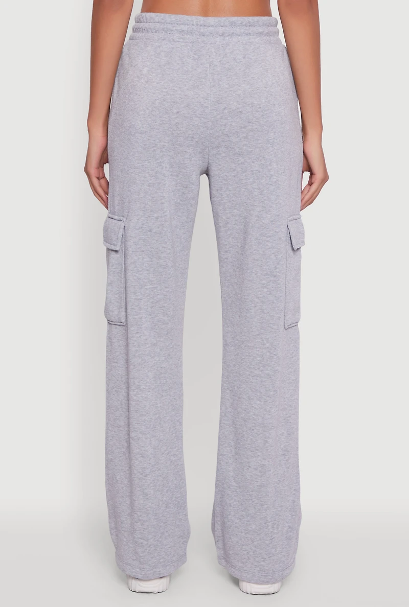 Womens Wide Leg Fleece Sweatpants with Cargo Pockets, Grey, Size S