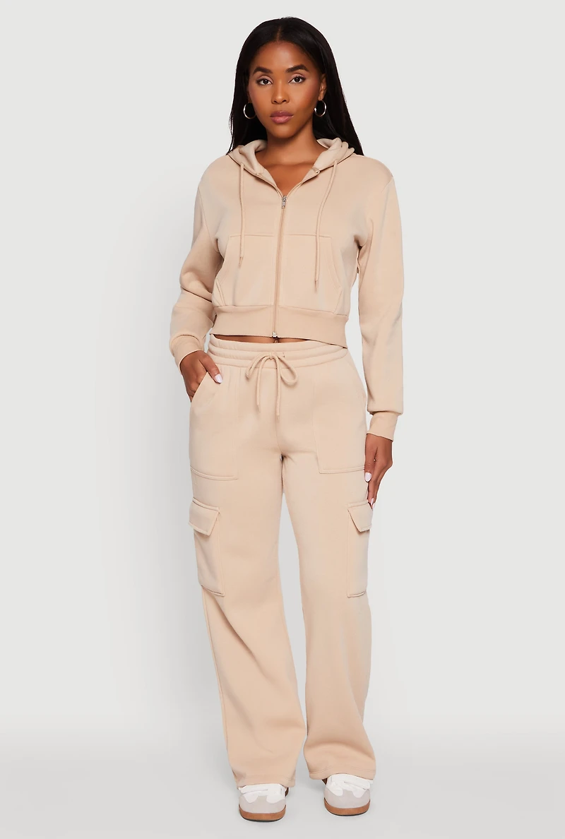Womens Wide Leg Fleece Sweatpants with Cargo Pockets, Khaki, Size M