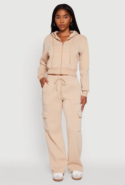 Womens Wide Leg Fleece Sweatpants with Cargo Pockets, Khaki, Size M
