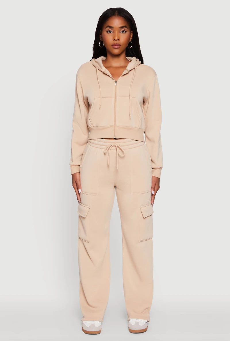Womens Wide Leg Fleece Sweatpants with Cargo Pockets, Khaki, Size M