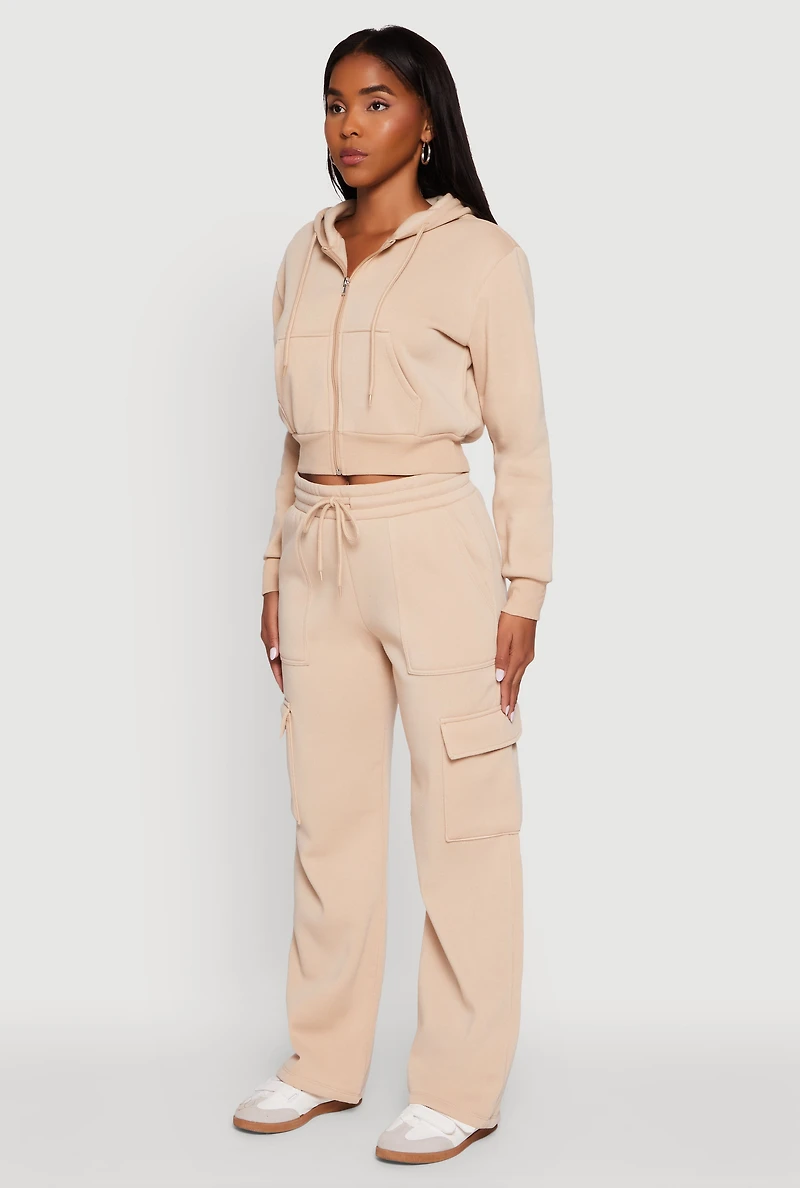 Womens Wide Leg Fleece Sweatpants with Cargo Pockets, Khaki, Size M