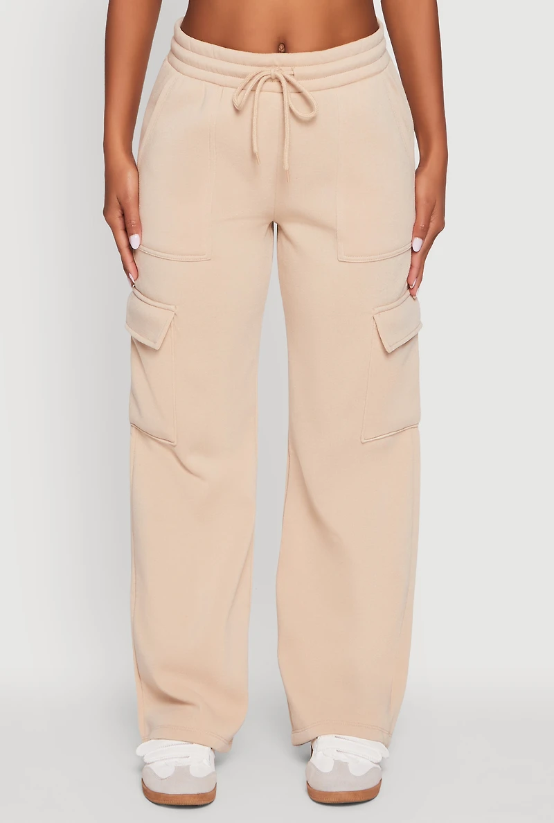 Womens Wide Leg Fleece Sweatpants with Cargo Pockets, Khaki, Size M