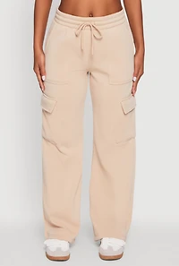 Womens Wide Leg Fleece Sweatpants with Cargo Pockets, Khaki, Size M