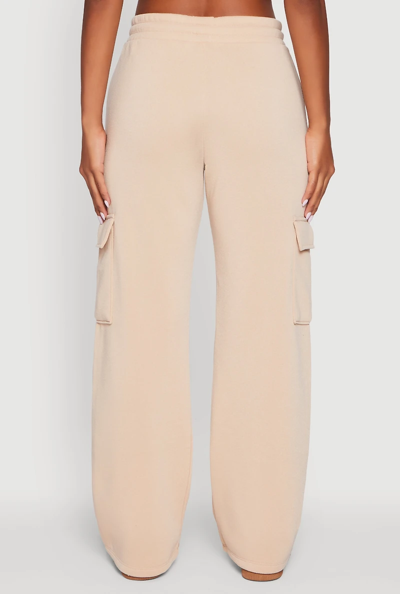 Womens Wide Leg Fleece Sweatpants with Cargo Pockets, Khaki, Size M