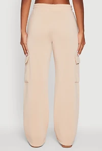 Womens Wide Leg Fleece Sweatpants with Cargo Pockets, Khaki, Size M